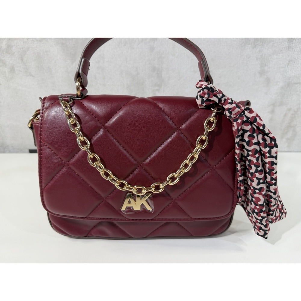 Anne Klein Quilted Flap Shoulder Bag Dark Cherry Burgundy Trend NWOT Chain Scarf